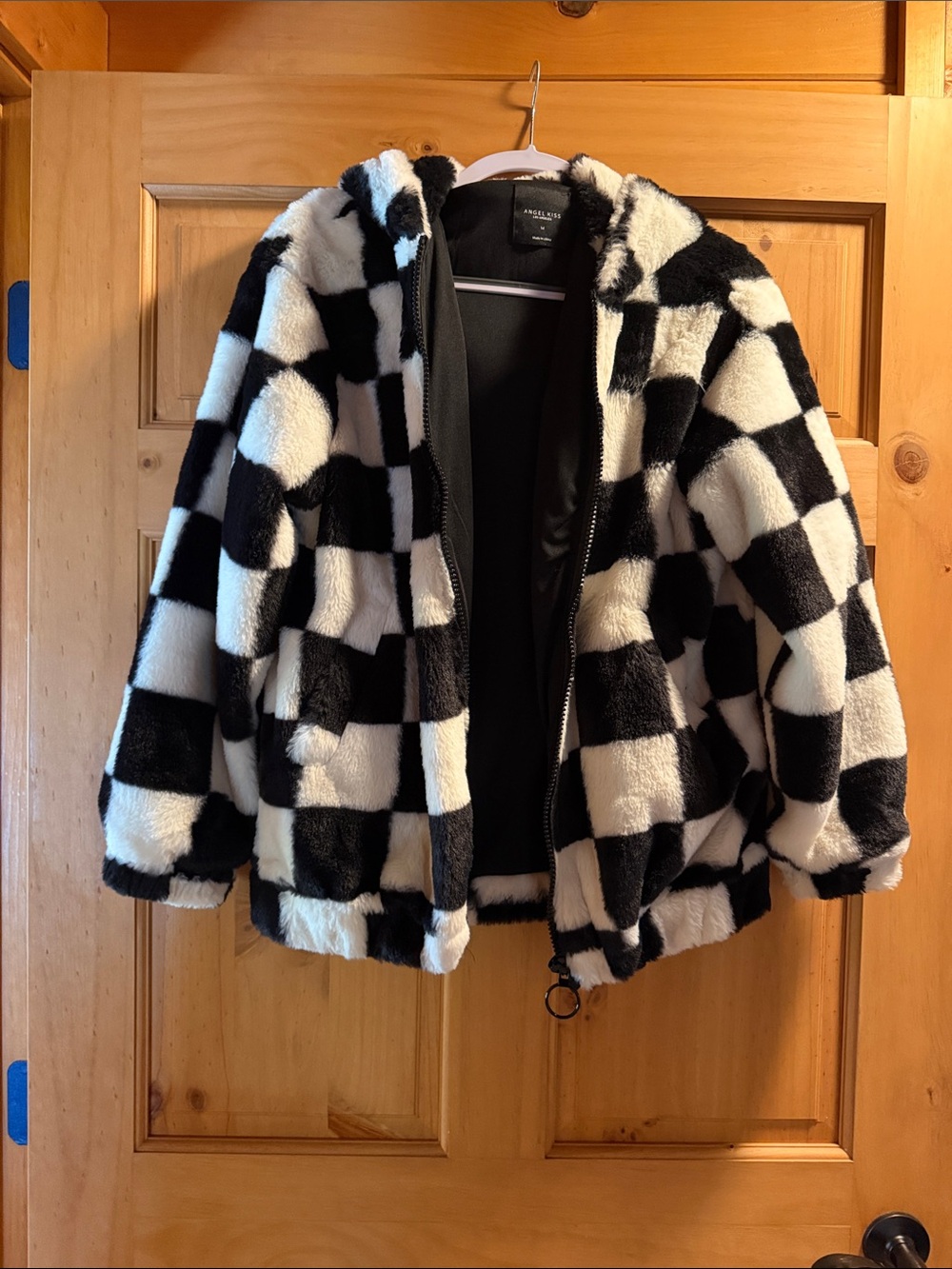 Angel Kiss Black & White Checkerboard Teddy Jacket with Hood